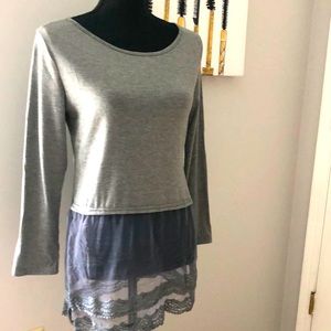 NWOT Grey long sleeve crop top with sheer lace bottom
